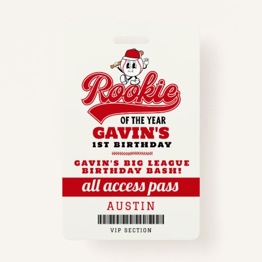 Rookie van het Jaar Baseball Verjaardag Party Favo Badge (Voorkant)