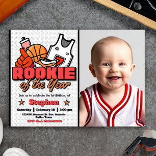 Rookie van het Jaar - Boy First Birthday Basketbal Kaart