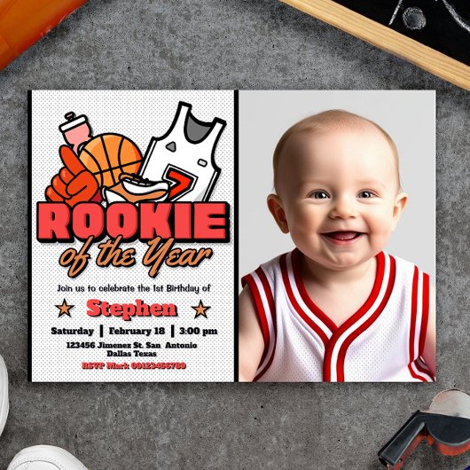 Rookie van het Jaar - Boy First Birthday Basketbal Kaart