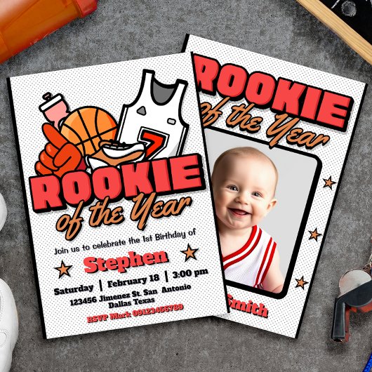 Rookie van het Jaar - Boy First Birthday Basketbal Kaart