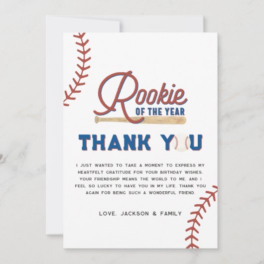Rookie van het Jaar Honkbal 1e Verjaardagsfeest In Bedankkaart (Voorkant)