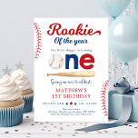Rookie van het Jaar Honkbal Eerste Verjaardag Kaart<br><div class="desc">Dit schattige ontwerp is voorzien van een honkbal en vleermuis illustratie en honkbal stiksels details.</div>