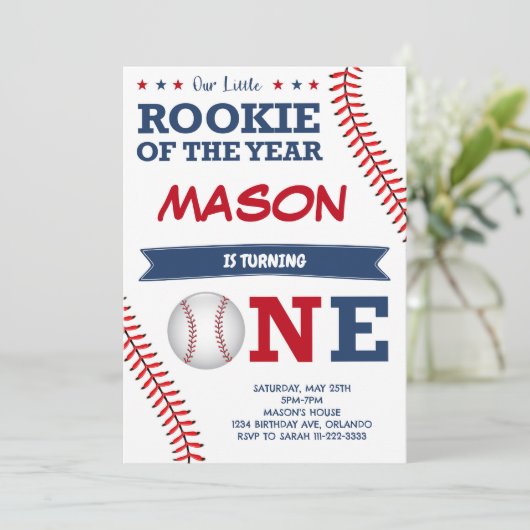Rookie van het Jaar Honkbal Verjaardag Uitnodiging (Staand voorkant)