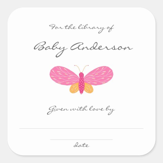 Rookplaat voor baby shower van roze vlinder vierkante sticker (Voorkant)