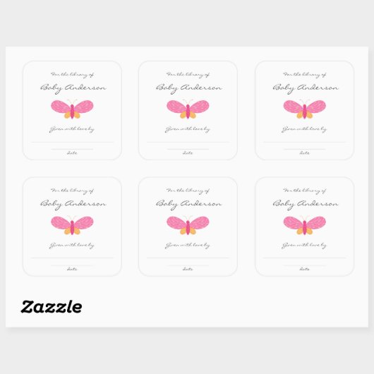 Rookplaat voor baby shower van roze vlinder vierkante sticker (Vel)