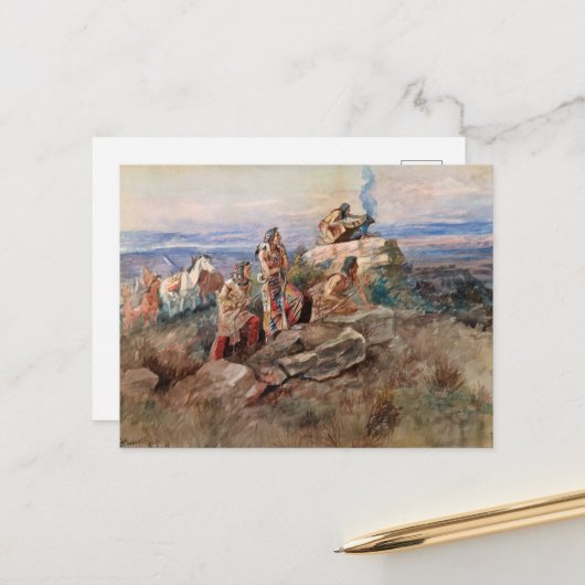 Rooksignaal van Charles Marion Russell Feestdagenkaart (Voorkant / Achterkant in situ)