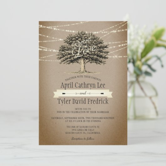 Rookt in Love Rustic Tree String Lights Wedding Kaart (Staand voorkant)