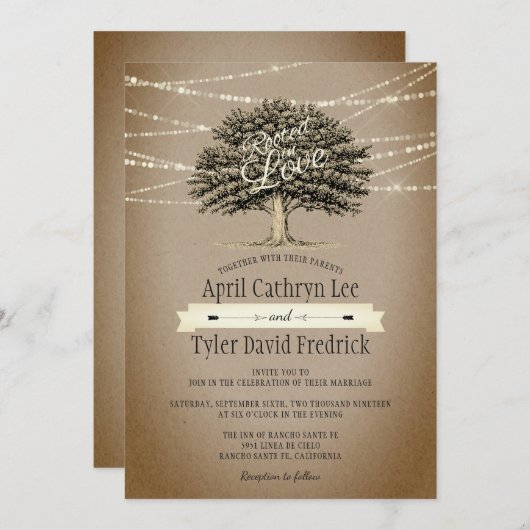Rookt in Love Rustic Tree String Lights Wedding Kaart (Voorkant / Achterkant)