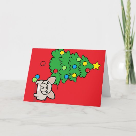 Room Frenchie met Kerstboom op Rood Feestdagen Kaart (Voorkant)