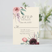 Roomkleurige en bordeauxrode bloemen bruiloft RSVP (Staand voorkant)