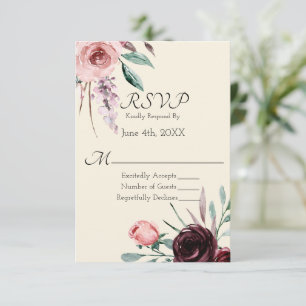 Roomkleurige en bordeauxrode bloemen bruiloft RSVP Kaartje