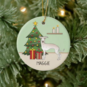 Roomkleurige Italiaanse Greyhound-hond met een ker Keramisch Ornament