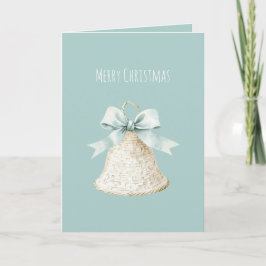 Roomkleurige Kerstklok met Mooie Blauwe Strik Kaart