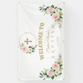 Roomroze Bloemen Gouden Doop Welkomstbord Spandoek (Verticaal)