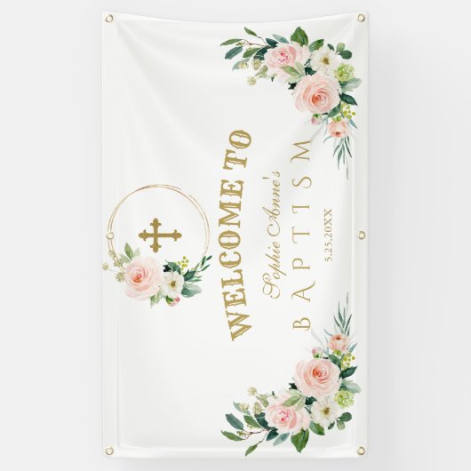 Roomroze Bloemen Gouden Doop Welkomstbord Spandoek (Verticaal)