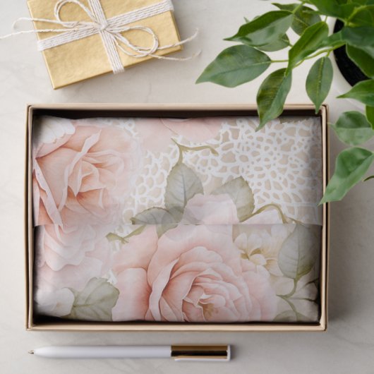 Roomse Roze Rozen Bloemige Bruiloft Tissuepapier (Geschenk)