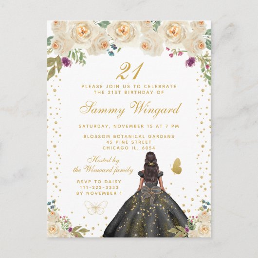 Roomskleurige bloemen donkere huid Prinses Verjaar Briefkaart (Voorkant)