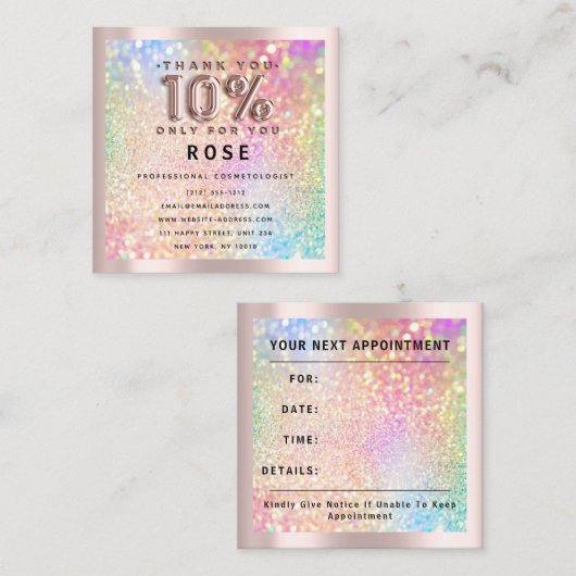Roos 10% korting Logo Holografen Glitter Lash Afsprakenkaartje (Voorkant / Achterkant)