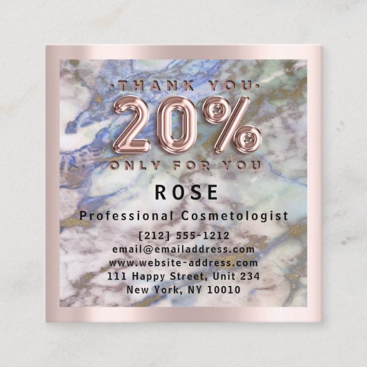 Roos 20% korting Logo Haar Blauw Roze Marmer Afsprakenkaartje (Voorkant)