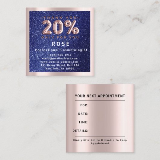 Roos 20% korting Logo Hair Lash Glitter Navy Afsprakenkaartje (Voorkant / Achterkant)