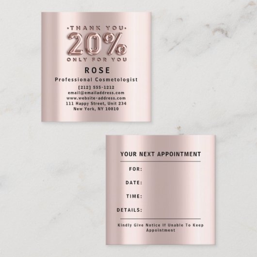 Roos 20% korting op Logo Haar Gold Pink Metallic Afsprakenkaartje (Voorkant / Achterkant)