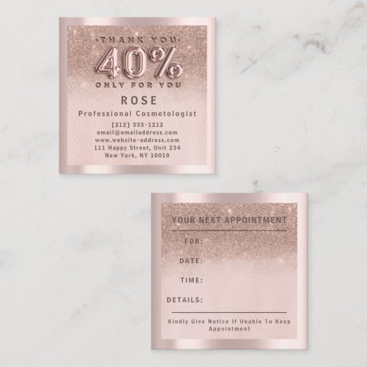 Roos 40% korting Logo Hair Glitter Balloon Afsprakenkaartje (Voorkant / Achterkant)