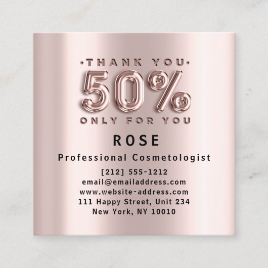 Roos 50% korting op Logo Haar Gold Pink Metallic Afsprakenkaartje (Voorkant)