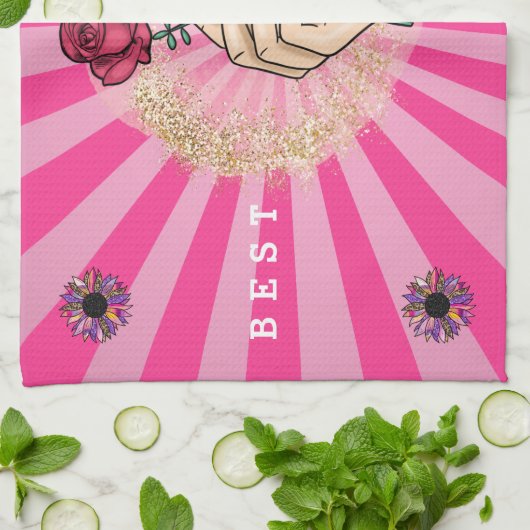 Roos Aanpassen Elegant Floral Pink Glitter Theedoek (Gevouwen)