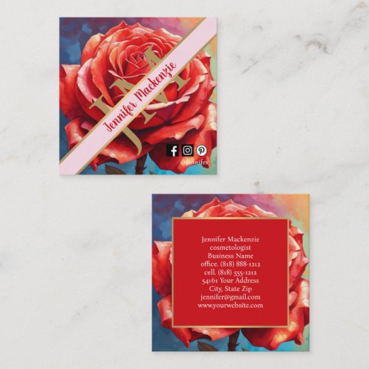  Roos AI Generated Floral Design Vierkante Visitekaartje (Voorkant / Achterkant)