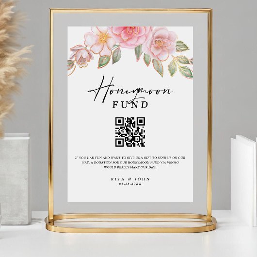 Roos Anjer Honeymoon Fund Cash QR Code Huwelijk Reclamebord Met Voetstuk
