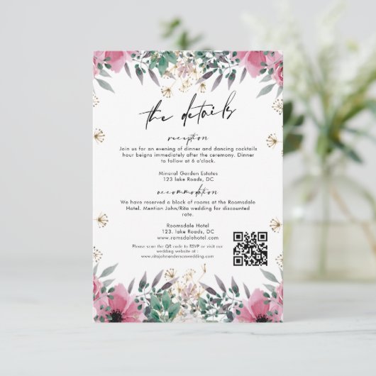 Roos Anjer Minimalistische Script Wedding Details Informatiekaartje (Staand voorkant)
