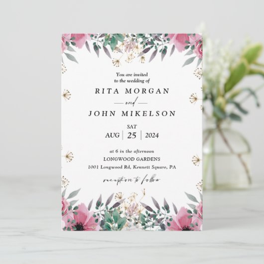 Roos Anjer Minimalistische Script Wedding Kaart (Staand voorkant)