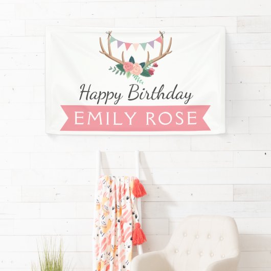 Roos Antlers & Party Bunting Verjaardagsdecor Spandoek (Insitu)