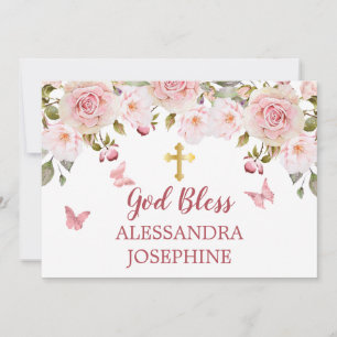 Roos Aquarel Bloemen Vlinders en Kruis Naam Kaart