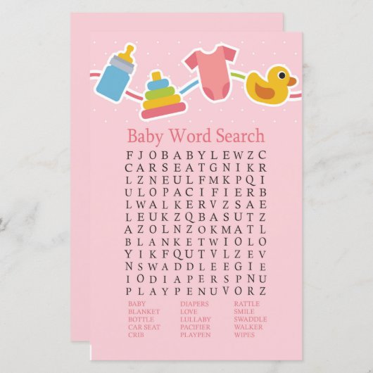 Roos Baby Baby shower Word Search Game (Voorkant / Achterkant)