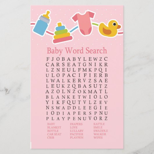 Roos Baby Baby shower Word Search Game (Voorkant)