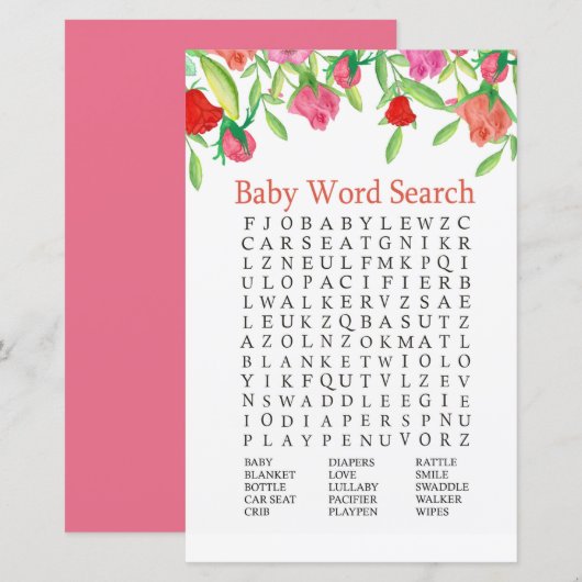 Roos Baby shower Word Search Game (Voorkant / Achterkant)