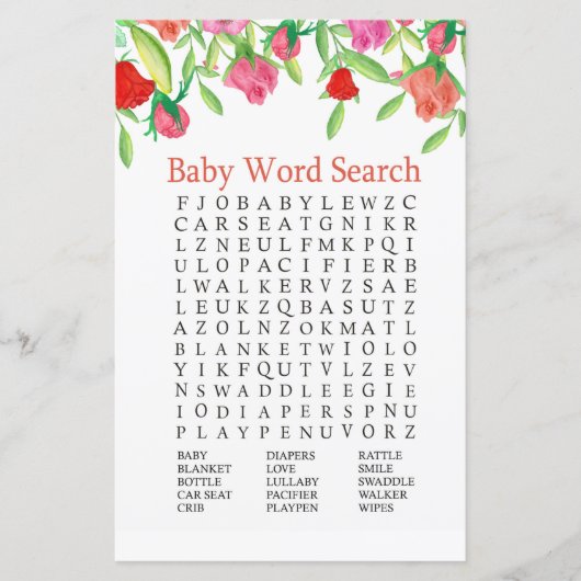 Roos Baby shower Word Search Game (Voorkant)