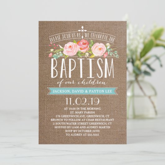 Roos Banner Burlap | Multiples Baptism Invitation Kaart (Staand voorkant)