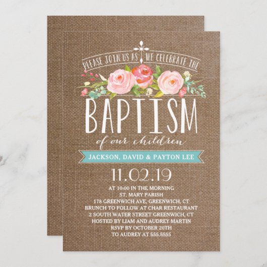 Roos Banner Burlap | Multiples Baptism Invitation Kaart (Voorkant / Achterkant)