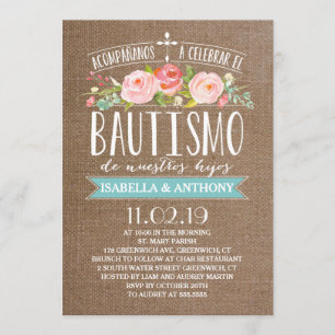 Roos Banner Burlap Twins   Spanish Bautismo Kaart