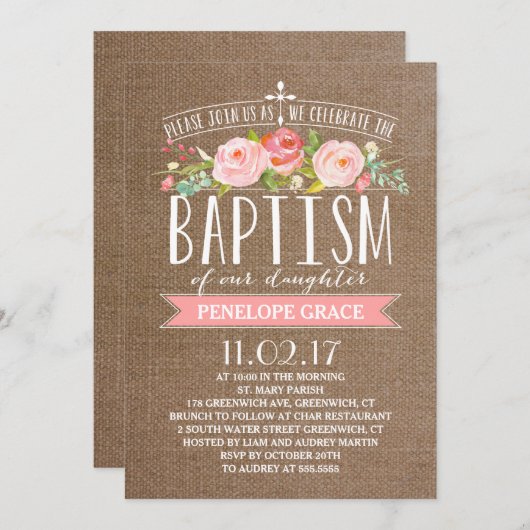 Roos Banner Burlap | uitnodiging tot doop (Voorkant / Achterkant)