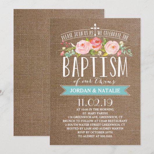 Roos Banner Burlap | Uitnodiging voor tweelingdoop (Voorkant / Achterkant)