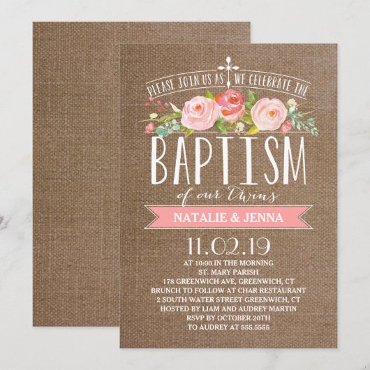 Roos Banner Burlap | Uitnodiging voor tweelingdoop (Voorkant / Achterkant)