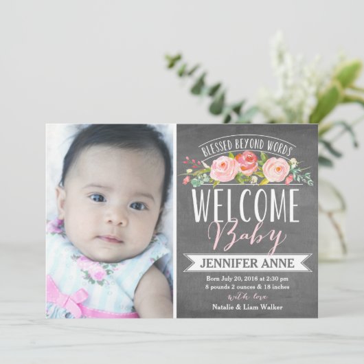 Roos Banner Chalkboard | Aankondiging van geboorte (Staand voorkant)