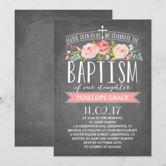 Roos Banner Chalkboard | Baptisme-uitnodiging Kaart (Voorkant / Achterkant)