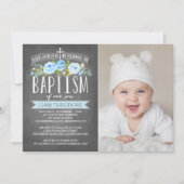 Roos Banner Chalkboard Blue Baptism Invitation Kaart (Voorkant)