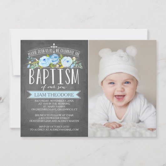 Roos Banner Chalkboard Blue Baptism Invitation Kaart (Voorkant)