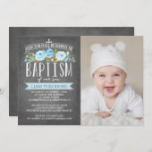 Roos Banner Chalkboard Blue Baptism Invitation Kaart (Voorkant / Achterkant)
