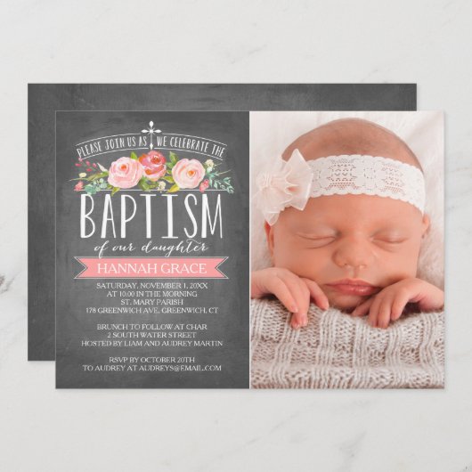 Roos Banner Chalkboard Roze Baptisme Uitnodiging (Voorkant / Achterkant)